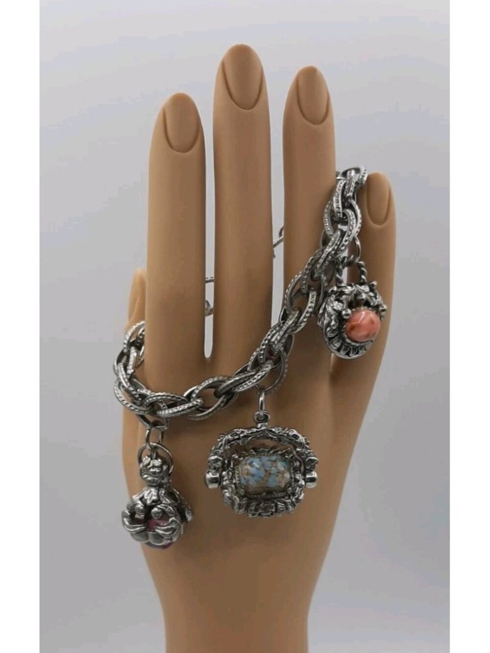 Thick Metal Vintage Chain Bracelet with Three Charms Stone Accents 7 In Long